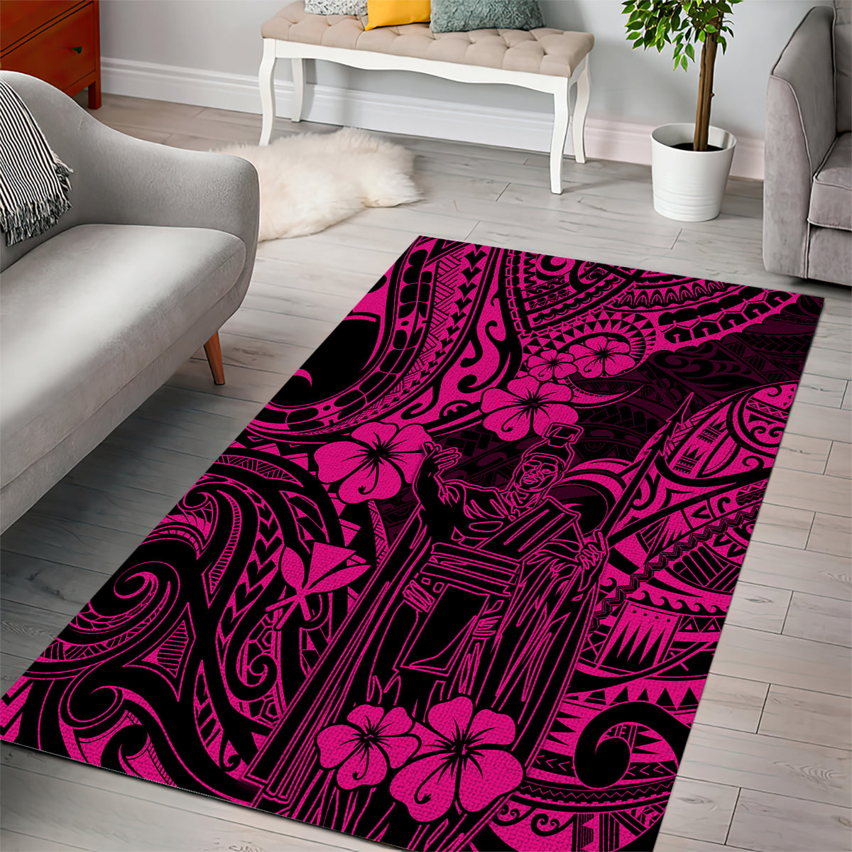 Hawaii King Kamehameha Area Rug Polynesian Pattern Pink Version - Wonder Print Shop