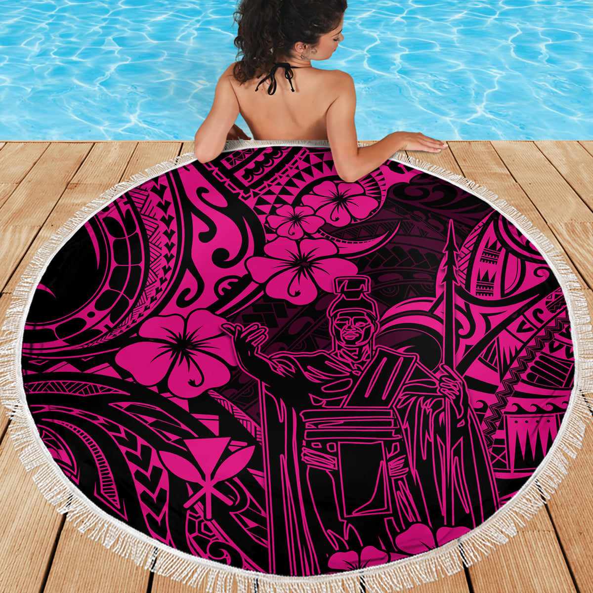 Hawaii King Kamehameha Beach Blanket Polynesian Pattern Pink Version - Wonder Print Shop