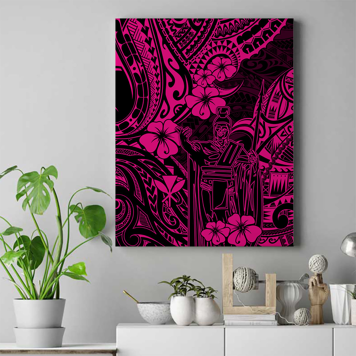 Hawaii King Kamehameha Canvas Wall Art Polynesian Pattern Pink Version - Wonder Print Shop