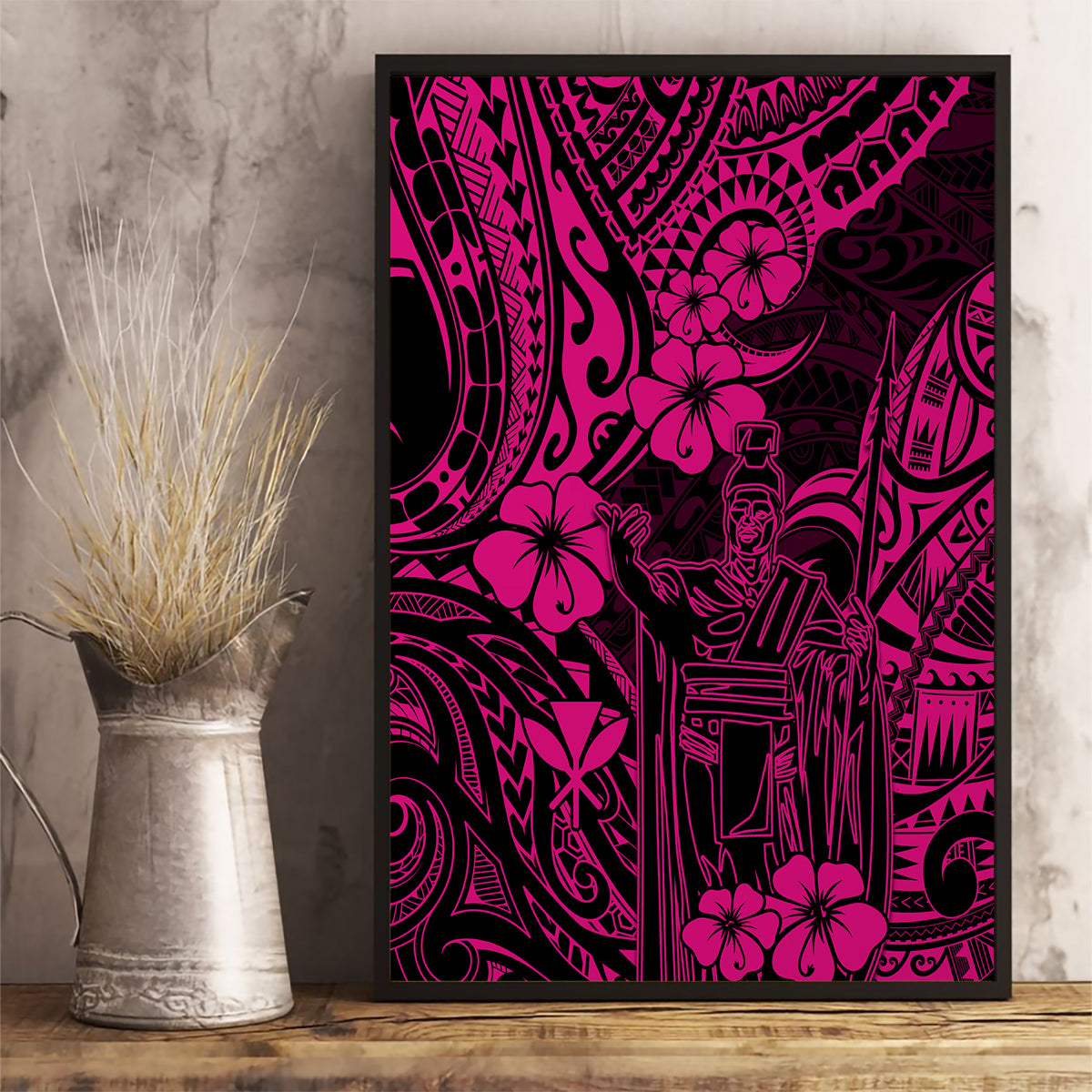 Hawaii King Kamehameha Canvas Wall Art Polynesian Pattern Pink Version - Wonder Print Shop