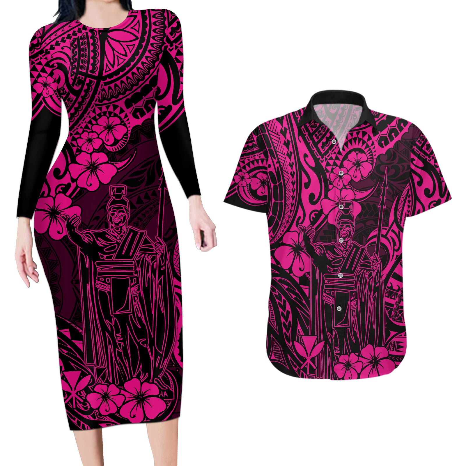 Hawaii King Kamehameha Couples Matching Long Sleeve Bodycon Dress and Hawaiian Shirt Polynesian Pattern Pink Version - Wonder Print Shop