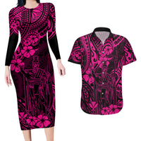 Hawaii King Kamehameha Couples Matching Long Sleeve Bodycon Dress and Hawaiian Shirt Polynesian Pattern Pink Version - Wonder Print Shop