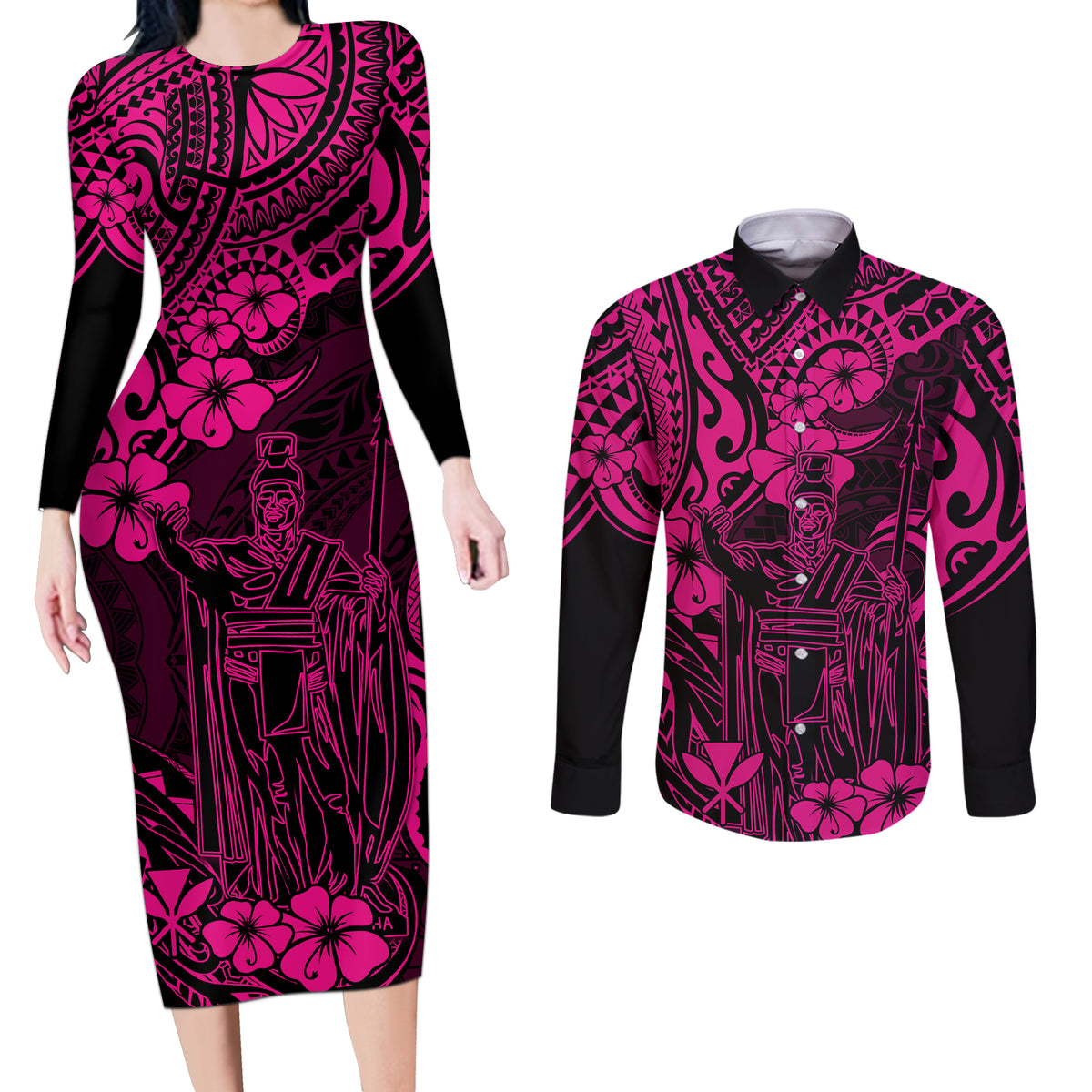 Hawaii King Kamehameha Couples Matching Long Sleeve Bodycon Dress and Long Sleeve Button Shirts Polynesian Pattern Pink Version - Wonder Print Shop