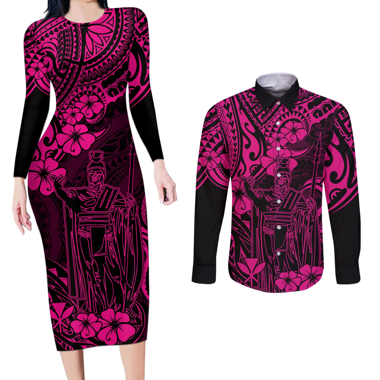 Hawaii King Kamehameha Couples Matching Long Sleeve Bodycon Dress and Long Sleeve Button Shirts Polynesian Pattern Pink Version - Wonder Print Shop