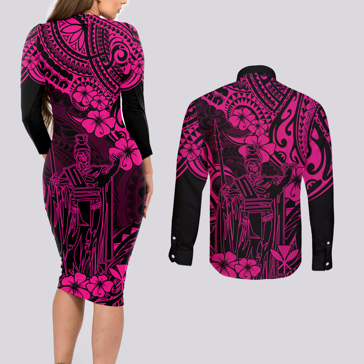 Hawaii King Kamehameha Couples Matching Long Sleeve Bodycon Dress and Long Sleeve Button Shirts Polynesian Pattern Pink Version - Wonder Print Shop