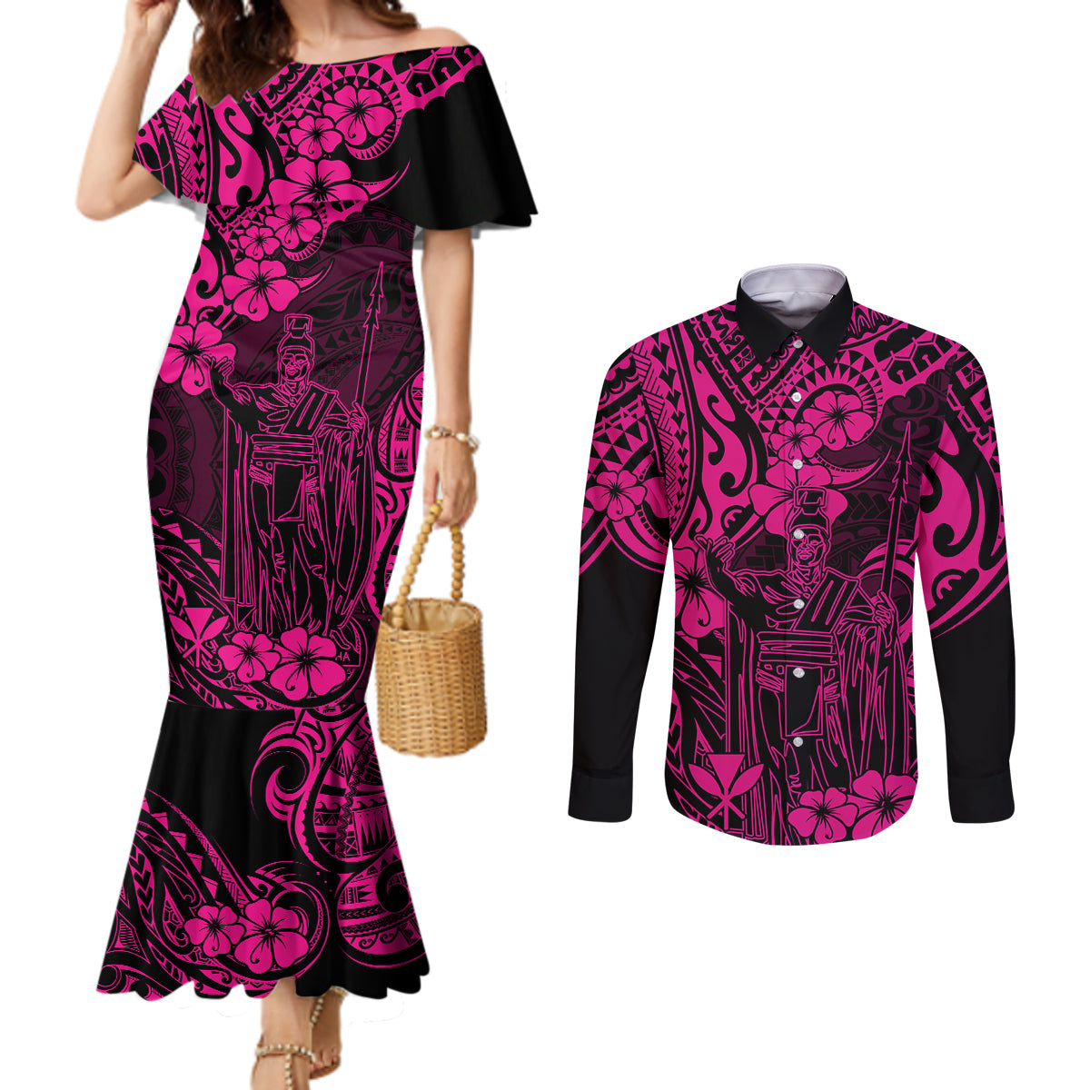 hawaii-king-kamehameha-couples-matching-mermaid-dress-and-long-sleeve-button-shirts-polynesian-pattern-pink-version