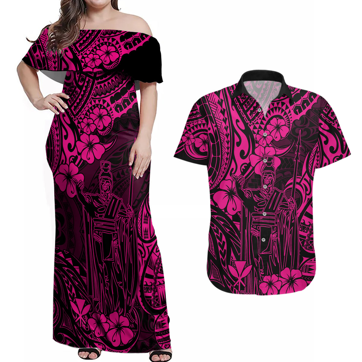 Hawaii King Kamehameha Couples Matching Off Shoulder Maxi Dress and Hawaiian Shirt Polynesian Pattern Pink Version - Wonder Print Shop