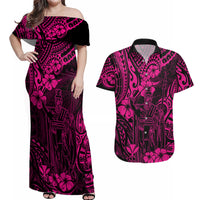 Hawaii King Kamehameha Couples Matching Off Shoulder Maxi Dress and Hawaiian Shirt Polynesian Pattern Pink Version - Wonder Print Shop