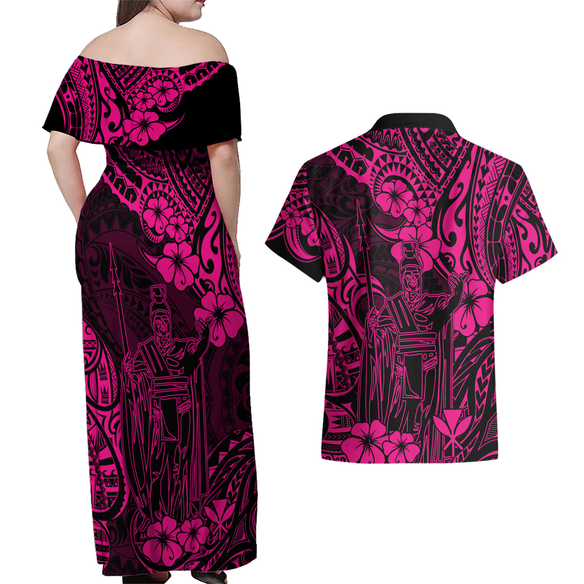 Hawaii King Kamehameha Couples Matching Off Shoulder Maxi Dress and Hawaiian Shirt Polynesian Pattern Pink Version - Wonder Print Shop