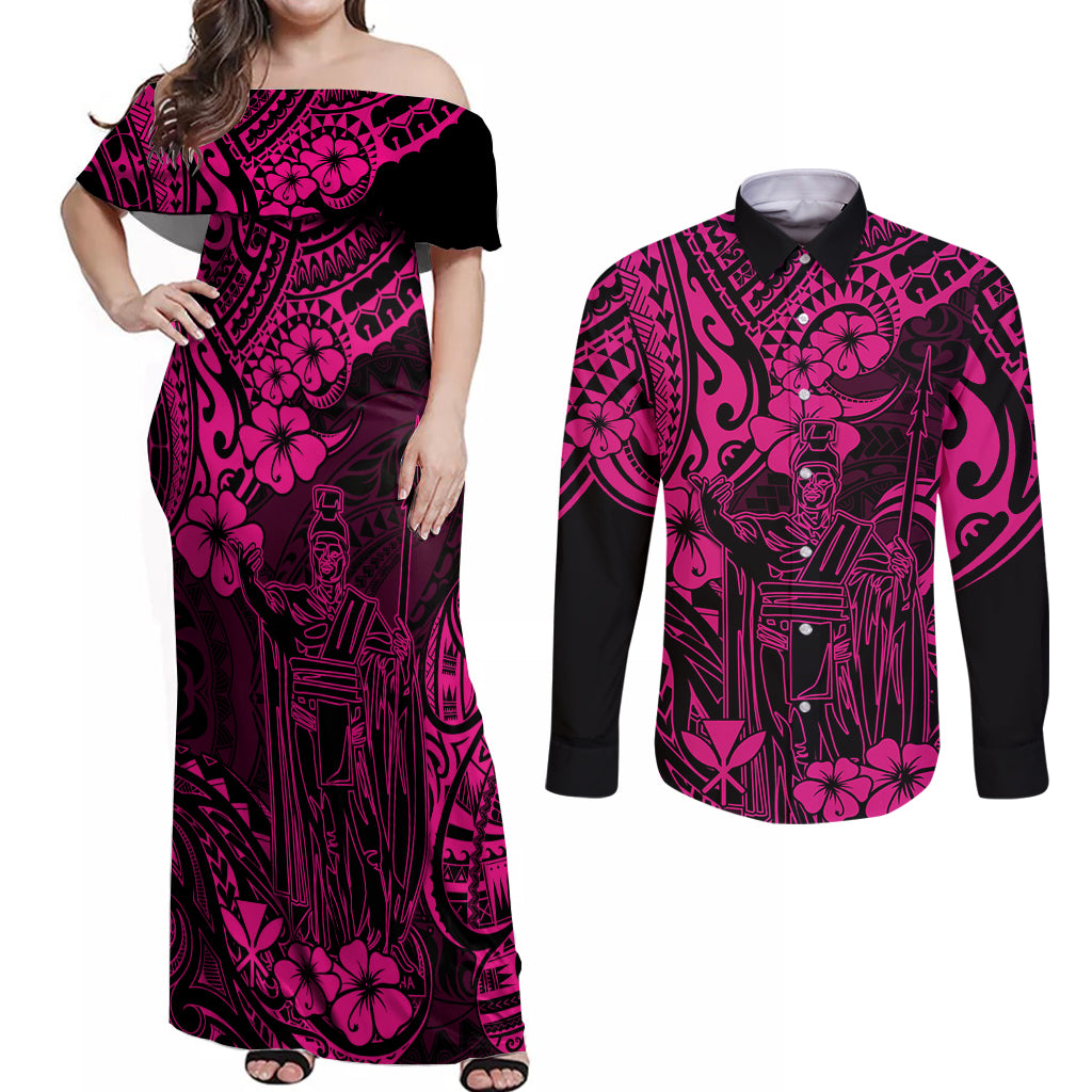 Hawaii King Kamehameha Couples Matching Off Shoulder Maxi Dress and Long Sleeve Button Shirts Polynesian Pattern Pink Version - Wonder Print Shop