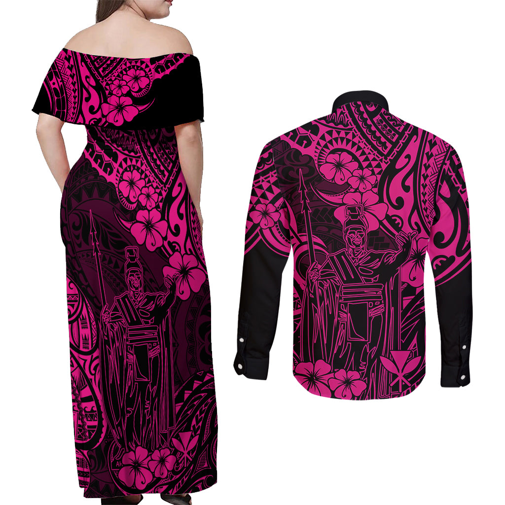 Hawaii King Kamehameha Couples Matching Off Shoulder Maxi Dress and Long Sleeve Button Shirts Polynesian Pattern Pink Version - Wonder Print Shop