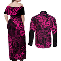 Hawaii King Kamehameha Couples Matching Off Shoulder Maxi Dress and Long Sleeve Button Shirts Polynesian Pattern Pink Version - Wonder Print Shop