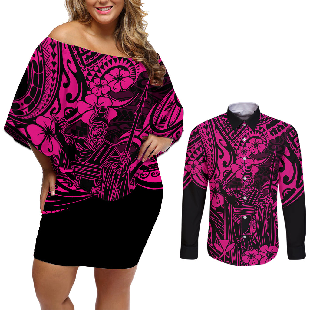 Hawaii King Kamehameha Couples Matching Off Shoulder Short Dress and Long Sleeve Button Shirts Polynesian Pattern Pink Version - Wonder Print Shop