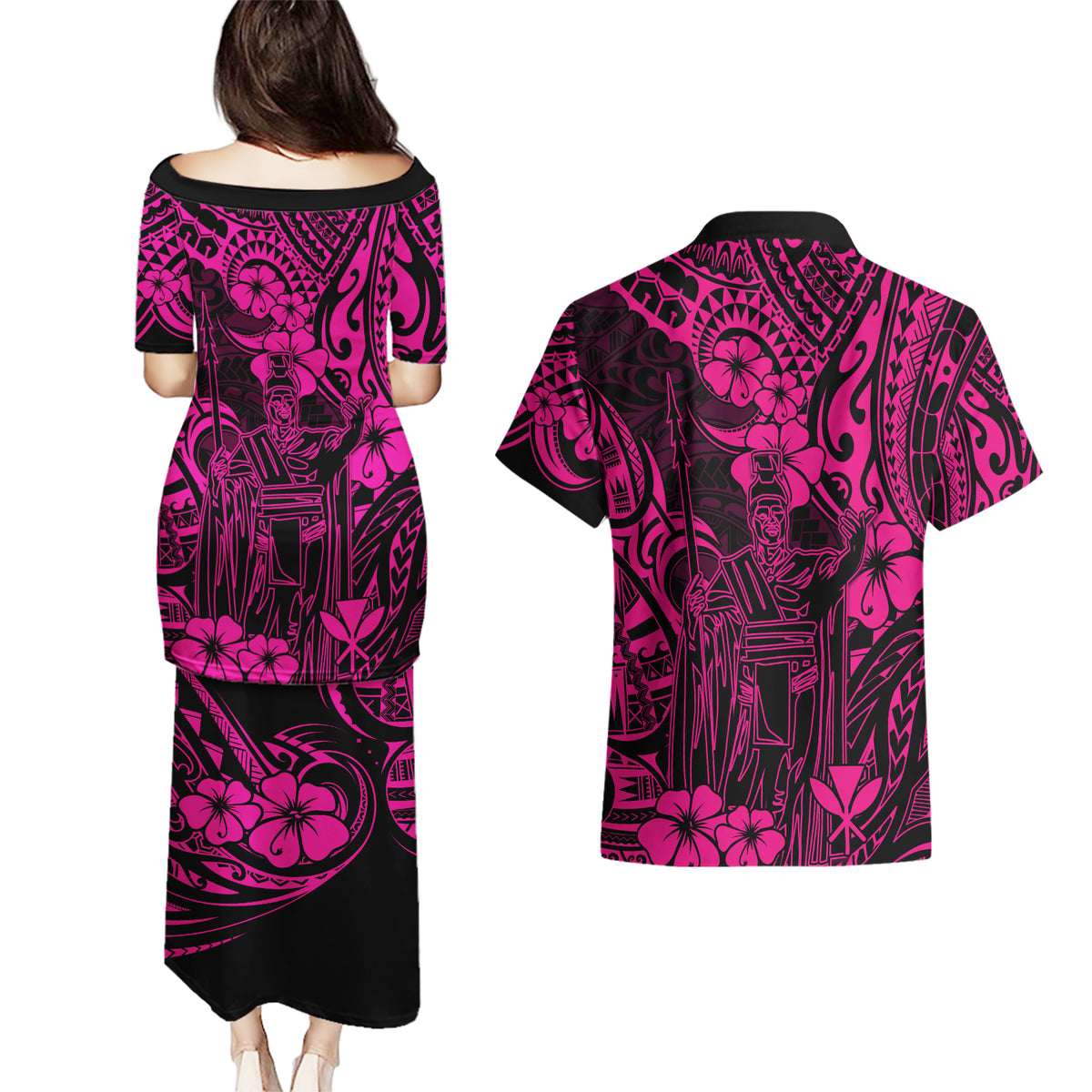 Hawaii King Kamehameha Couples Matching Puletasi Dress and Hawaiian Shirt Polynesian Pattern Pink Version - Wonder Print Shop