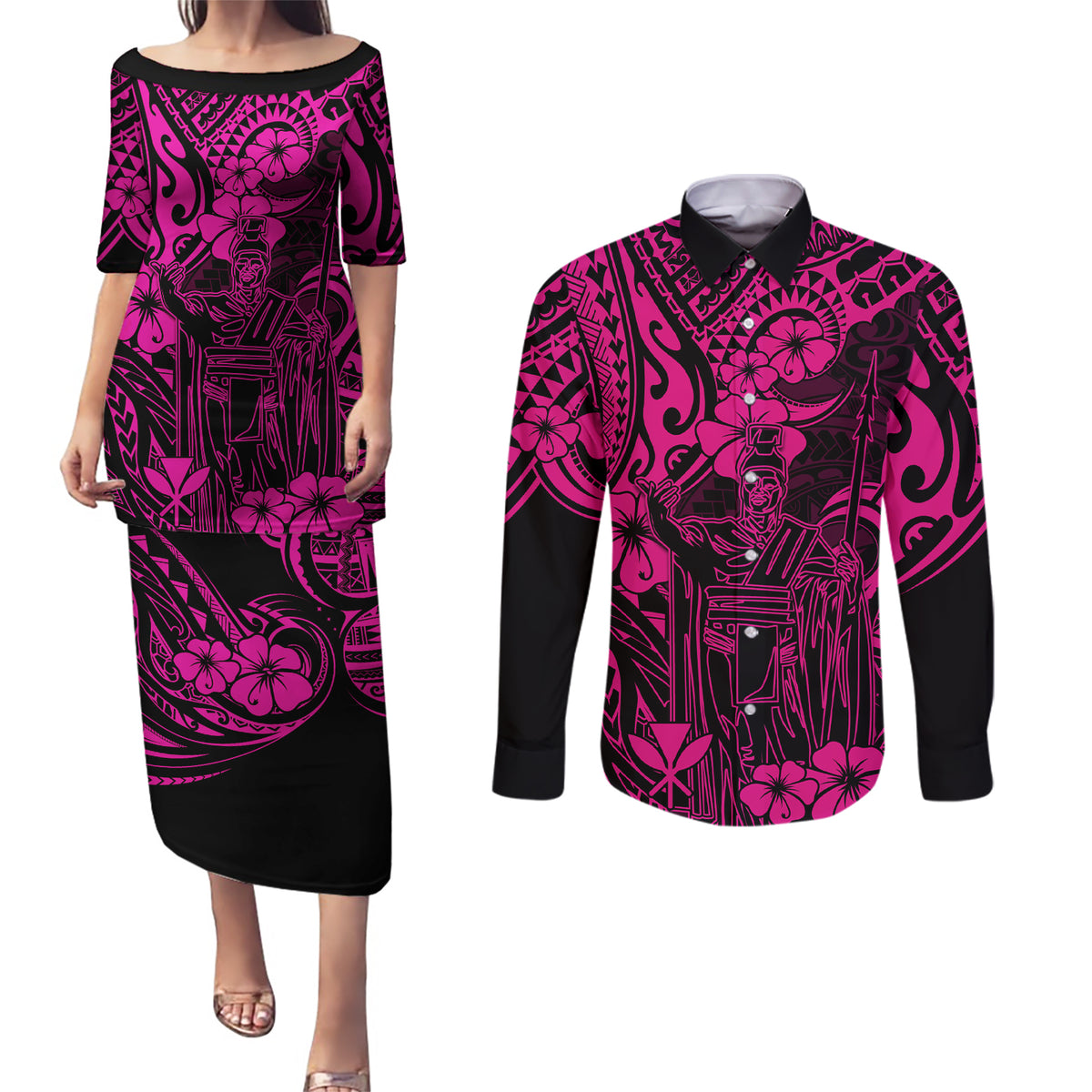 Hawaii King Kamehameha Couples Matching Puletasi Dress and Long Sleeve Button Shirts Polynesian Pattern Pink Version - Wonder Print Shop