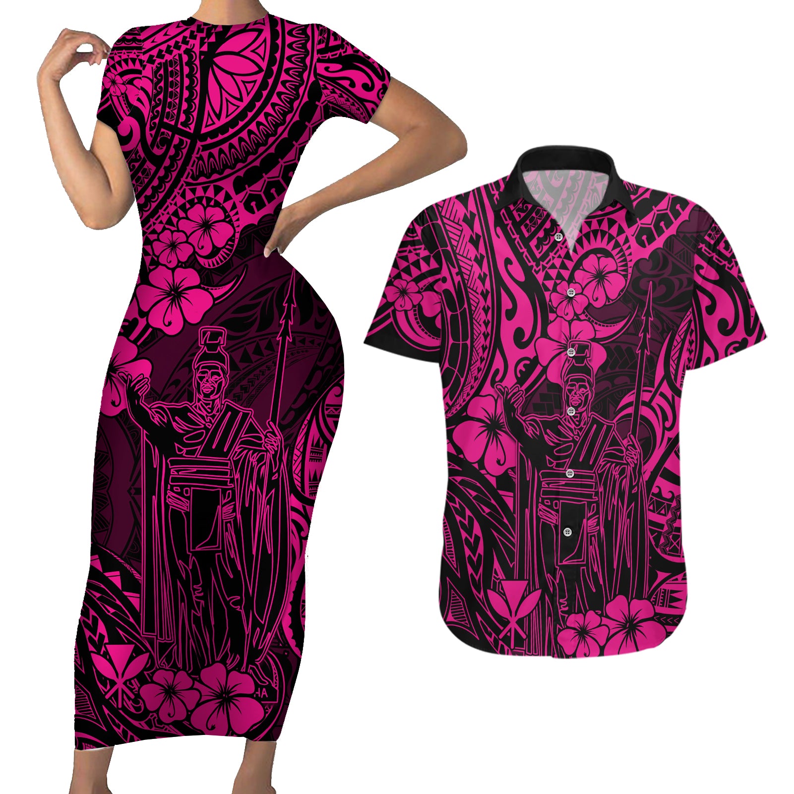 Hawaii King Kamehameha Couples Matching Short Sleeve Bodycon Dress and Hawaiian Shirt Polynesian Pattern Pink Version - Wonder Print Shop