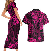Hawaii King Kamehameha Couples Matching Short Sleeve Bodycon Dress and Hawaiian Shirt Polynesian Pattern Pink Version - Wonder Print Shop