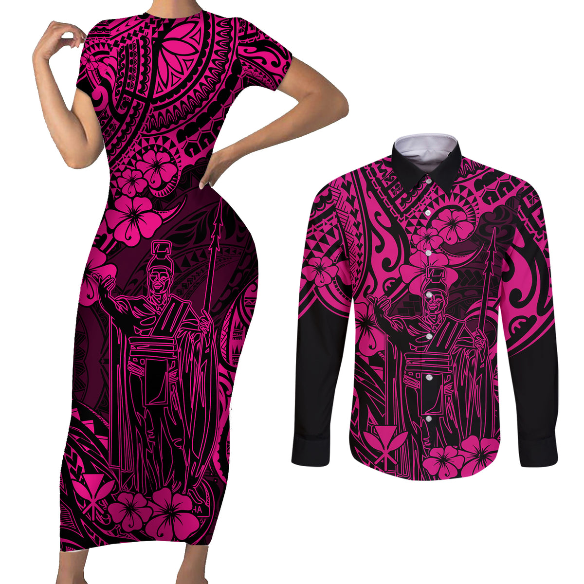 Hawaii King Kamehameha Couples Matching Short Sleeve Bodycon Dress and Long Sleeve Button Shirts Polynesian Pattern Pink Version - Wonder Print Shop