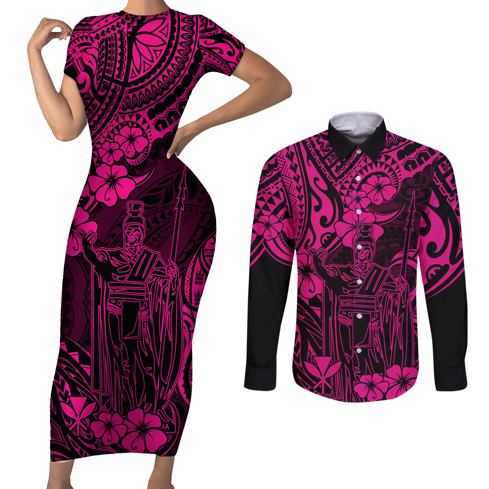 Hawaii King Kamehameha Couples Matching Short Sleeve Bodycon Dress and Long Sleeve Button Shirts Polynesian Pattern Pink Version - Wonder Print Shop