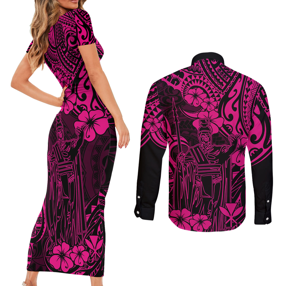 Hawaii King Kamehameha Couples Matching Short Sleeve Bodycon Dress and Long Sleeve Button Shirts Polynesian Pattern Pink Version - Wonder Print Shop