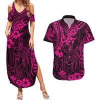 Hawaii King Kamehameha Couples Matching Summer Maxi Dress and Hawaiian Shirt Polynesian Pattern Pink Version - Wonder Print Shop