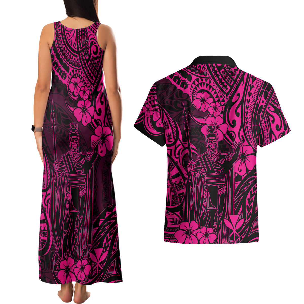 Hawaii King Kamehameha Couples Matching Tank Maxi Dress and Hawaiian Shirt Polynesian Pattern Pink Version - Wonder Print Shop