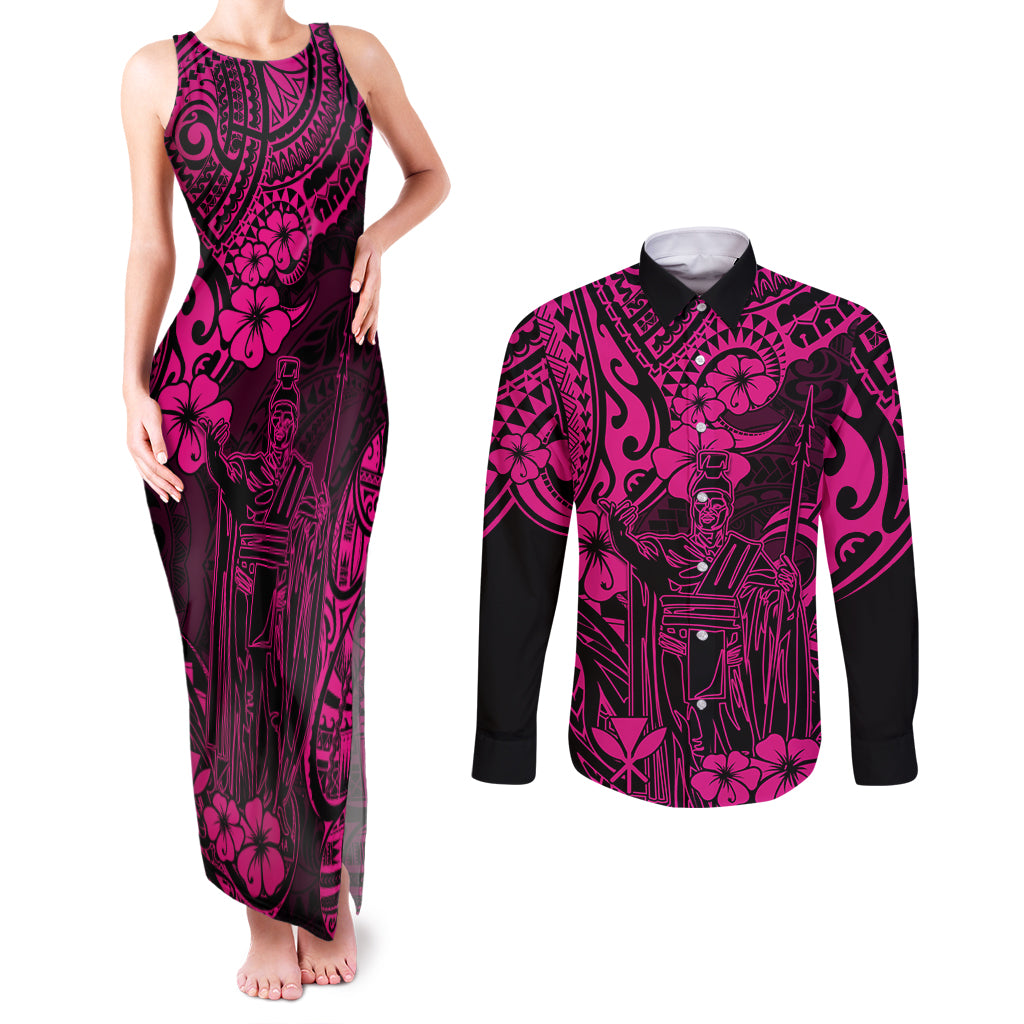 Hawaii King Kamehameha Couples Matching Tank Maxi Dress and Long Sleeve Button Shirts Polynesian Pattern Pink Version - Wonder Print Shop