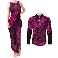Hawaii King Kamehameha Couples Matching Tank Maxi Dress and Long Sleeve Button Shirts Polynesian Pattern Pink Version - Wonder Print Shop