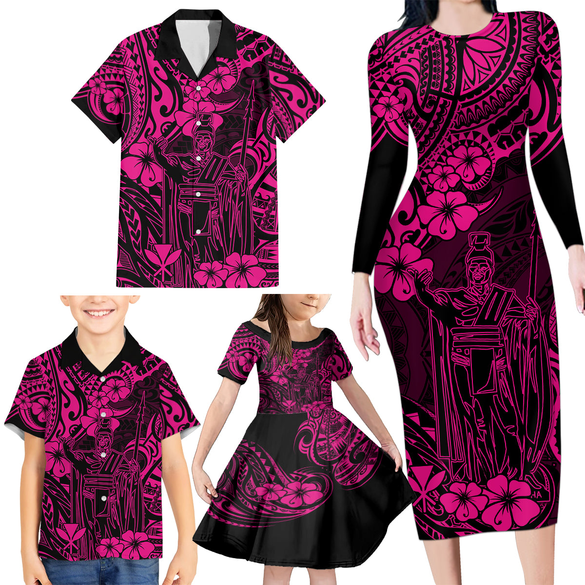 Hawaii King Kamehameha Family Matching Long Sleeve Bodycon Dress and Hawaiian Shirt Polynesian Pattern Pink Version - Wonder Print Shop