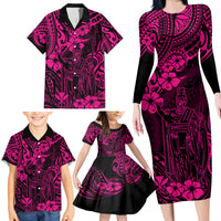 Hawaii King Kamehameha Family Matching Long Sleeve Bodycon Dress and Hawaiian Shirt Polynesian Pattern Pink Version - Wonder Print Shop