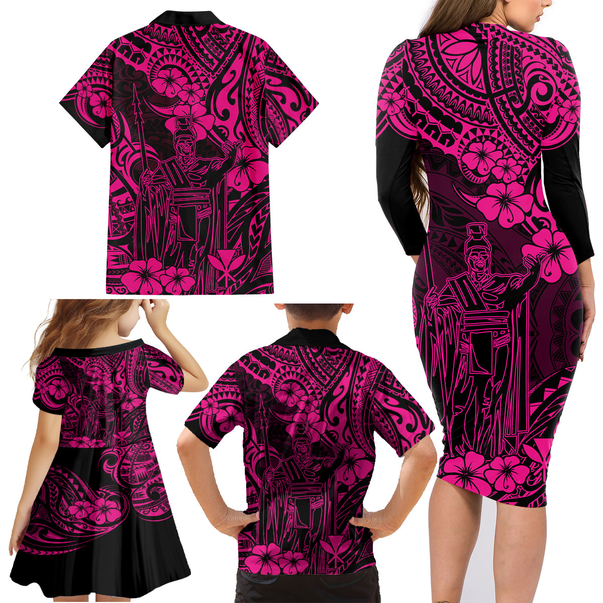 Hawaii King Kamehameha Family Matching Long Sleeve Bodycon Dress and Hawaiian Shirt Polynesian Pattern Pink Version - Wonder Print Shop