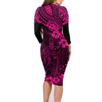 Hawaii King Kamehameha Family Matching Long Sleeve Bodycon Dress and Hawaiian Shirt Polynesian Pattern Pink Version - Wonder Print Shop