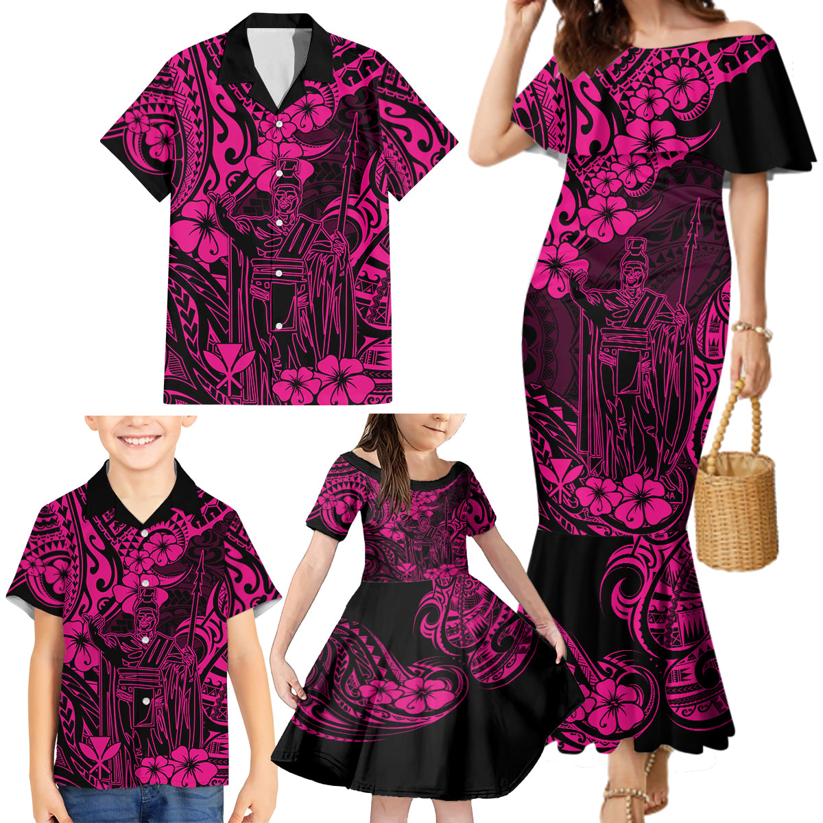 Hawaii King Kamehameha Family Matching Mermaid Dress and Hawaiian Shirt Polynesian Pattern Pink Version - Wonder Print Shop