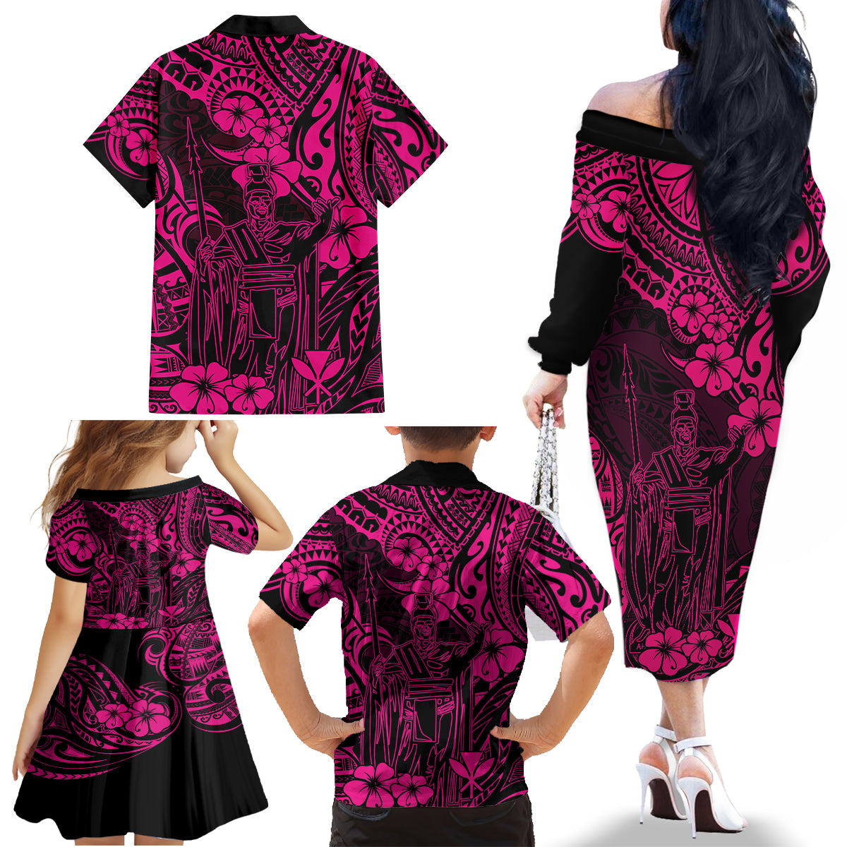 Hawaii King Kamehameha Family Matching Off Shoulder Long Sleeve Dress and Hawaiian Shirt Polynesian Pattern Pink Version - Wonder Print Shop