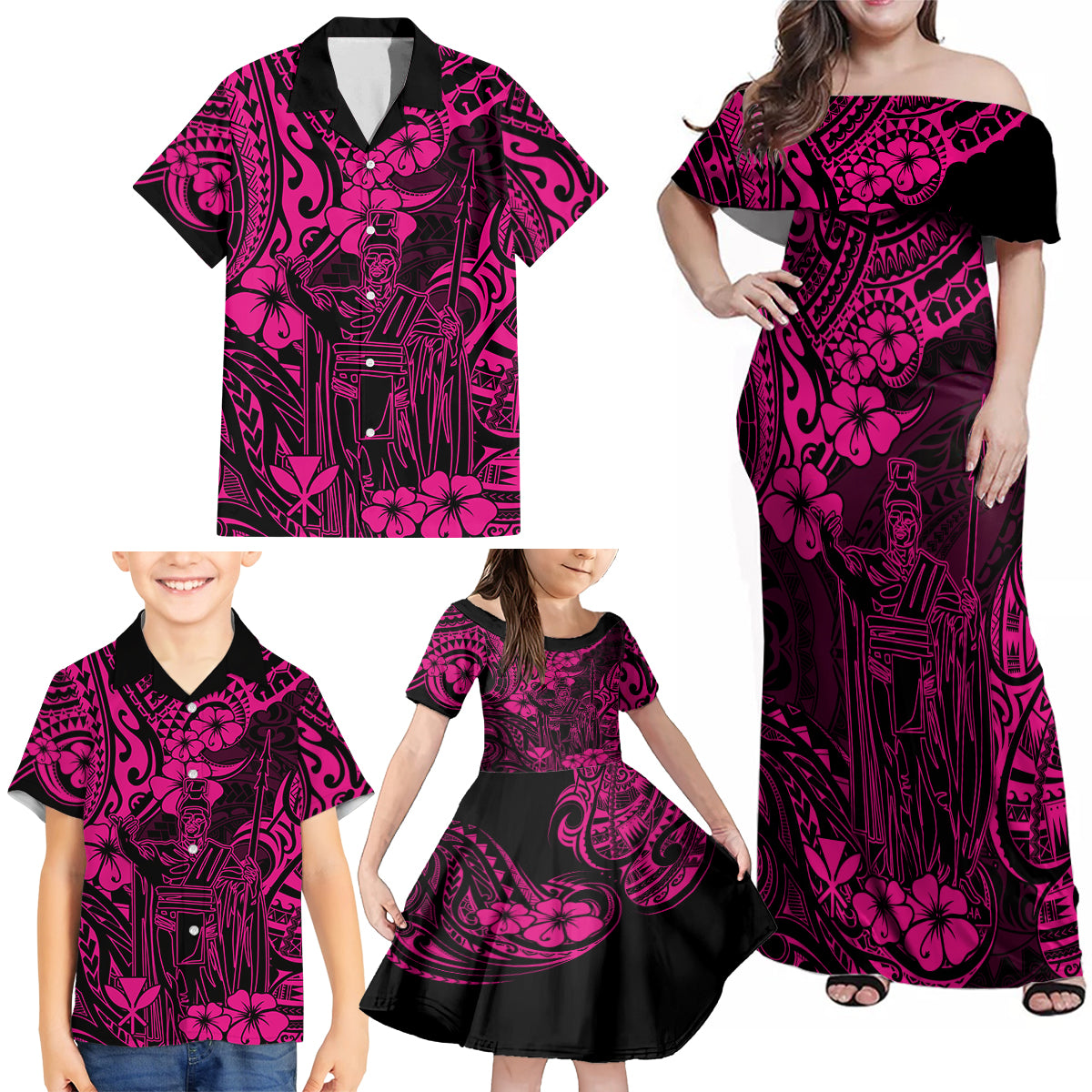 Hawaii King Kamehameha Family Matching Off Shoulder Maxi Dress and Hawaiian Shirt Polynesian Pattern Pink Version - Wonder Print Shop