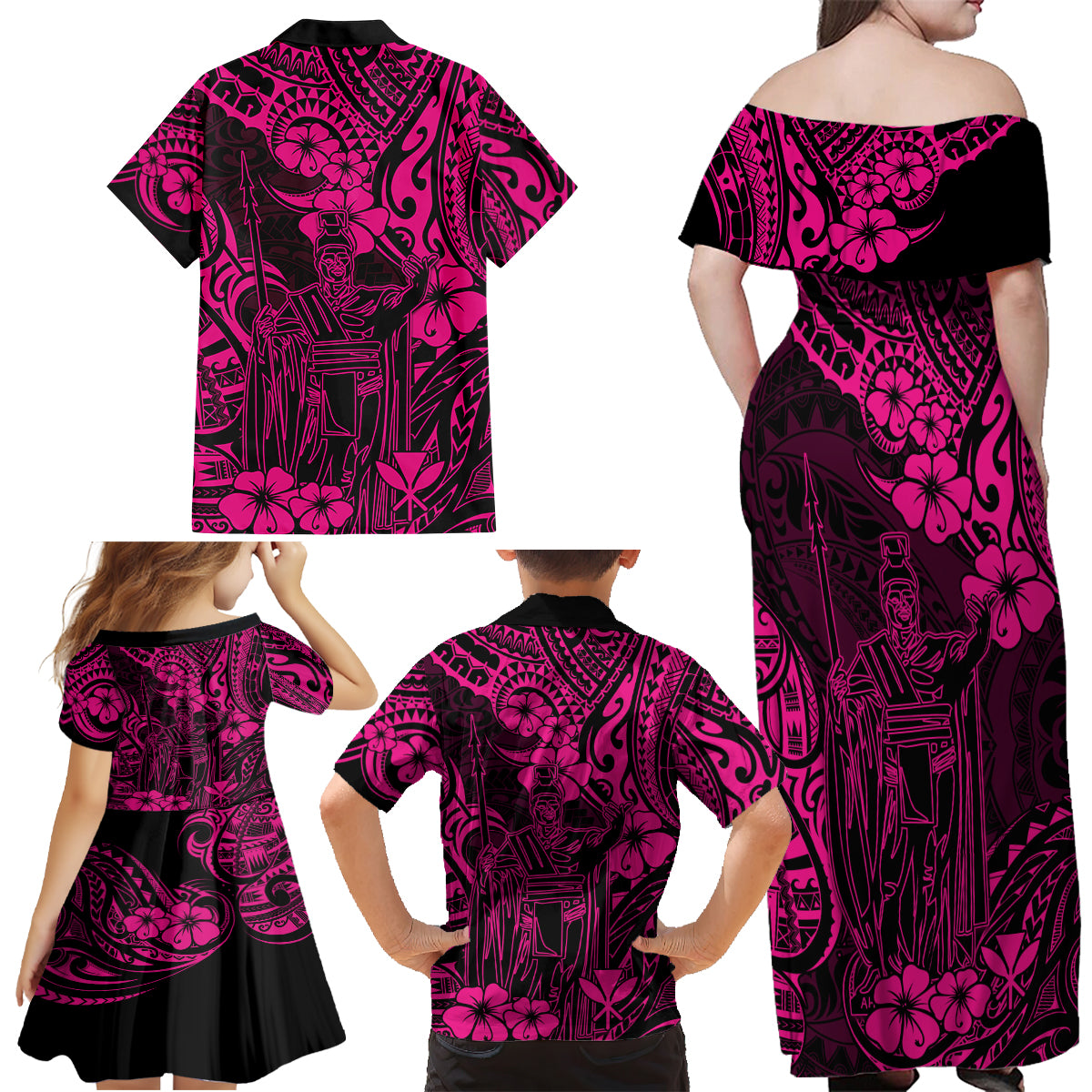 Hawaii King Kamehameha Family Matching Off Shoulder Maxi Dress and Hawaiian Shirt Polynesian Pattern Pink Version - Wonder Print Shop