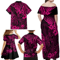 Hawaii King Kamehameha Family Matching Off Shoulder Maxi Dress and Hawaiian Shirt Polynesian Pattern Pink Version - Wonder Print Shop