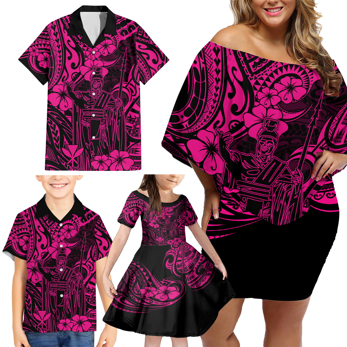 Hawaii King Kamehameha Family Matching Off Shoulder Short Dress and Hawaiian Shirt Polynesian Pattern Pink Version - Wonder Print Shop