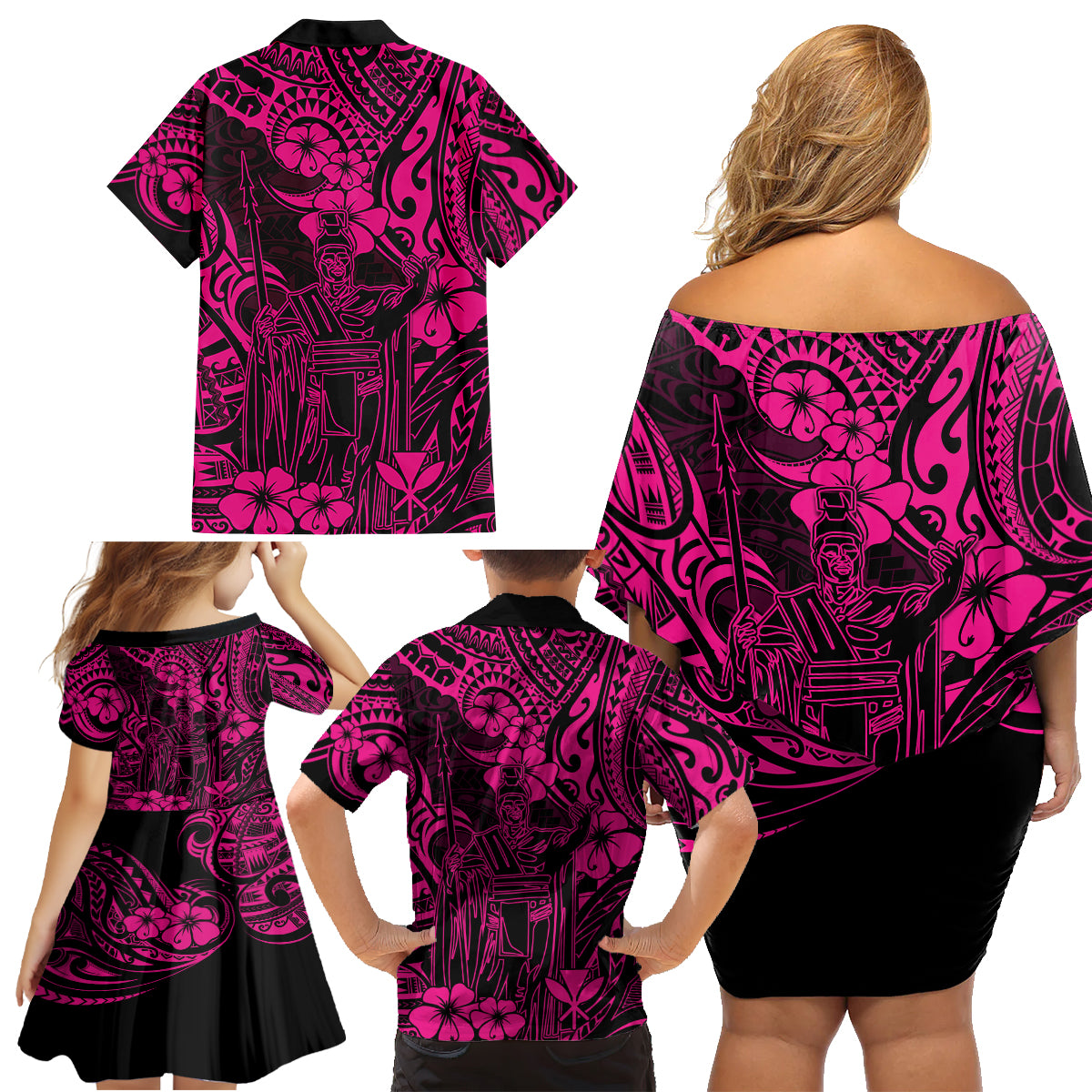 Hawaii King Kamehameha Family Matching Off Shoulder Short Dress and Hawaiian Shirt Polynesian Pattern Pink Version - Wonder Print Shop