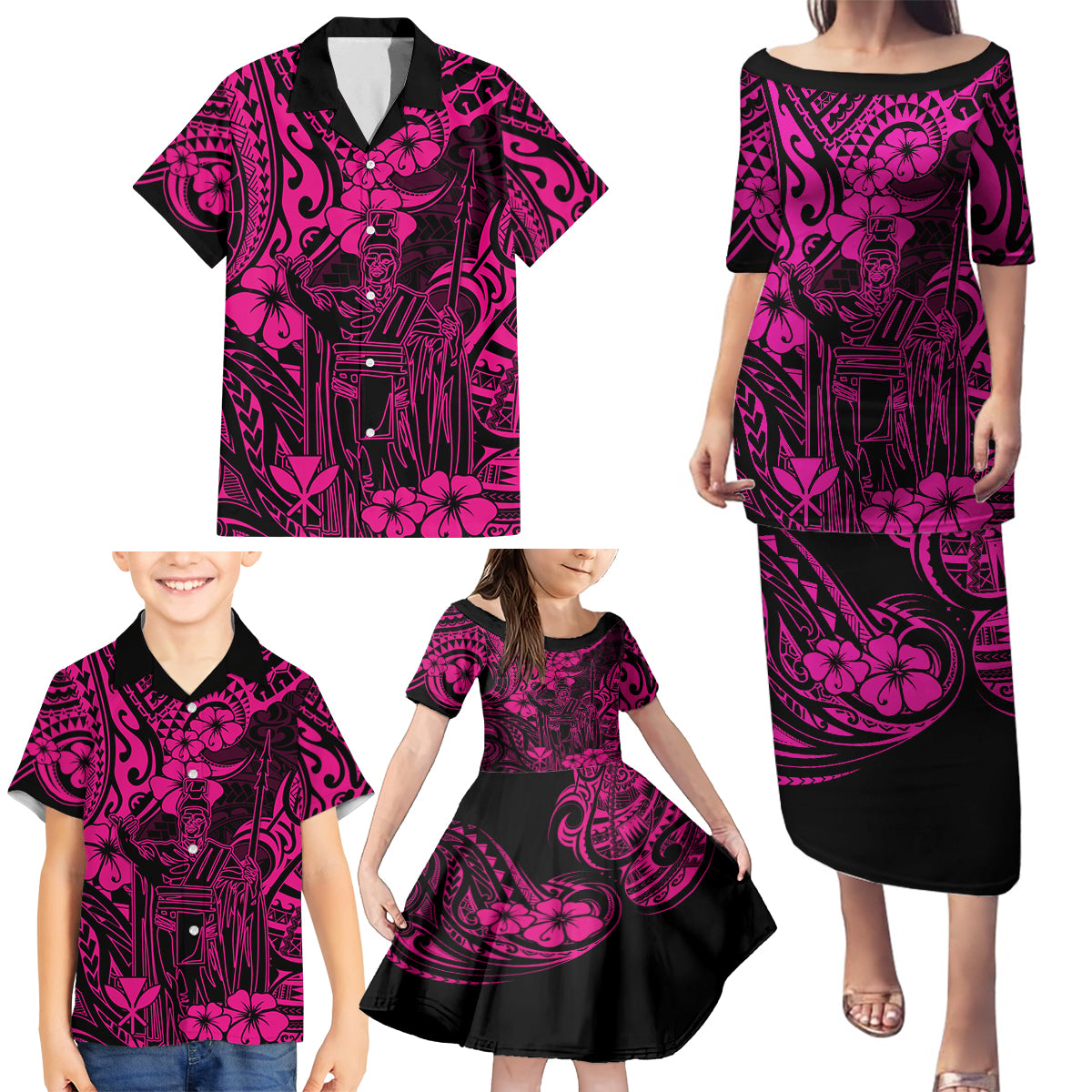 Hawaii King Kamehameha Family Matching Puletasi Dress and Hawaiian Shirt Polynesian Pattern Pink Version - Wonder Print Shop