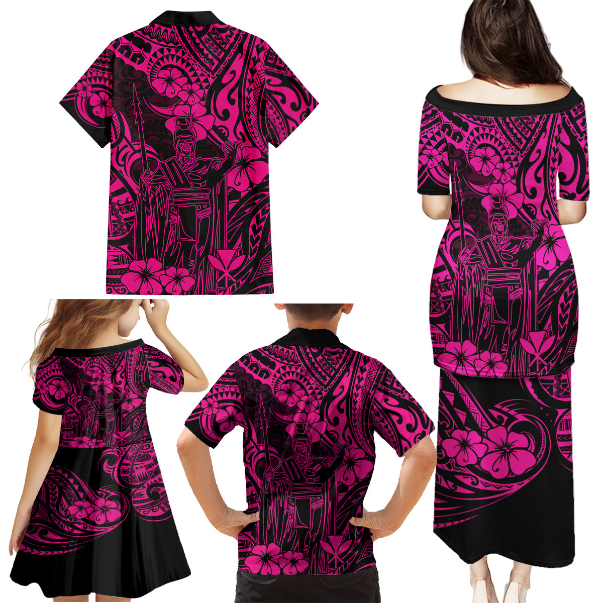 Hawaii King Kamehameha Family Matching Puletasi Dress and Hawaiian Shirt Polynesian Pattern Pink Version - Wonder Print Shop