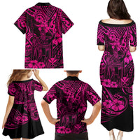 Hawaii King Kamehameha Family Matching Puletasi Dress and Hawaiian Shirt Polynesian Pattern Pink Version - Wonder Print Shop