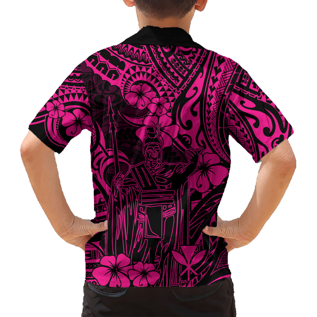 Hawaii King Kamehameha Family Matching Short Sleeve Bodycon Dress and Hawaiian Shirt Polynesian Pattern Pink Version - Wonder Print Shop