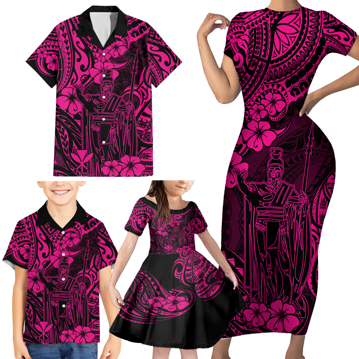 Hawaii King Kamehameha Family Matching Short Sleeve Bodycon Dress and Hawaiian Shirt Polynesian Pattern Pink Version - Wonder Print Shop