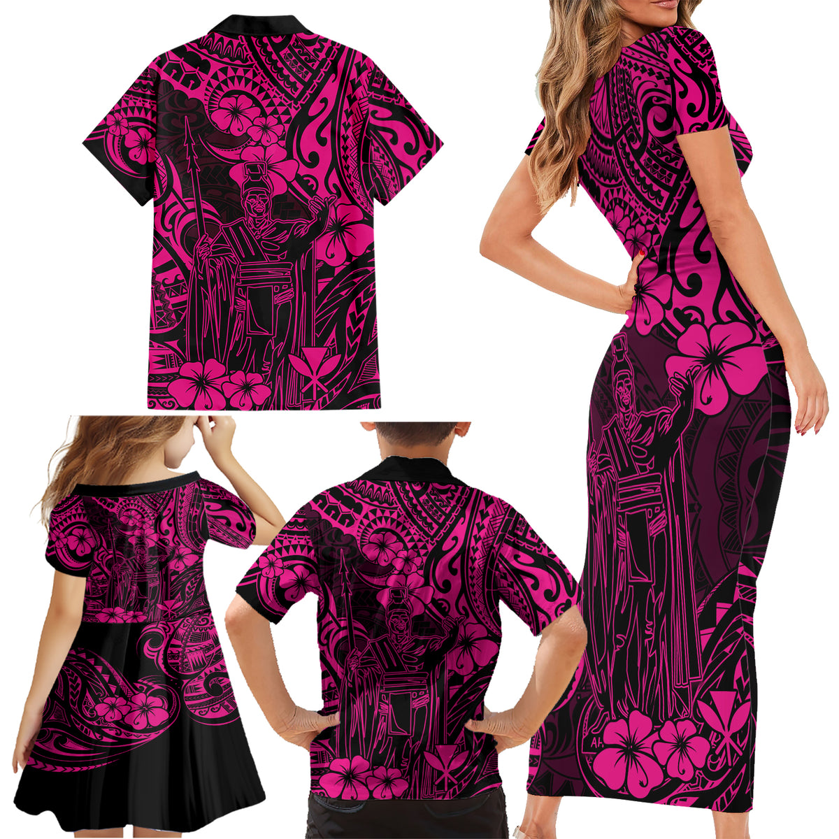 Hawaii King Kamehameha Family Matching Short Sleeve Bodycon Dress and Hawaiian Shirt Polynesian Pattern Pink Version - Wonder Print Shop
