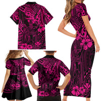 Hawaii King Kamehameha Family Matching Short Sleeve Bodycon Dress and Hawaiian Shirt Polynesian Pattern Pink Version - Wonder Print Shop