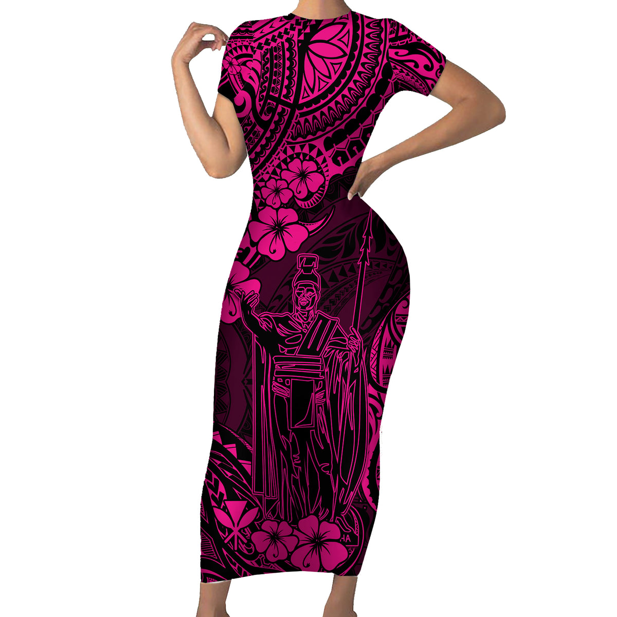 Hawaii King Kamehameha Family Matching Short Sleeve Bodycon Dress and Hawaiian Shirt Polynesian Pattern Pink Version - Wonder Print Shop