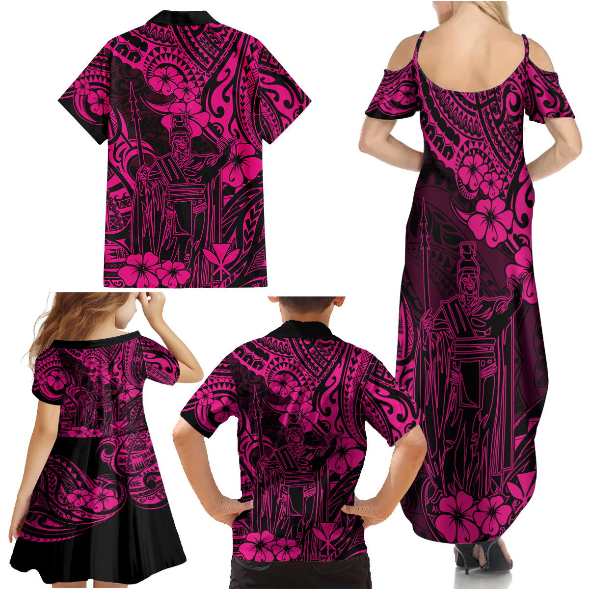 Hawaii King Kamehameha Family Matching Summer Maxi Dress and Hawaiian Shirt Polynesian Pattern Pink Version - Wonder Print Shop