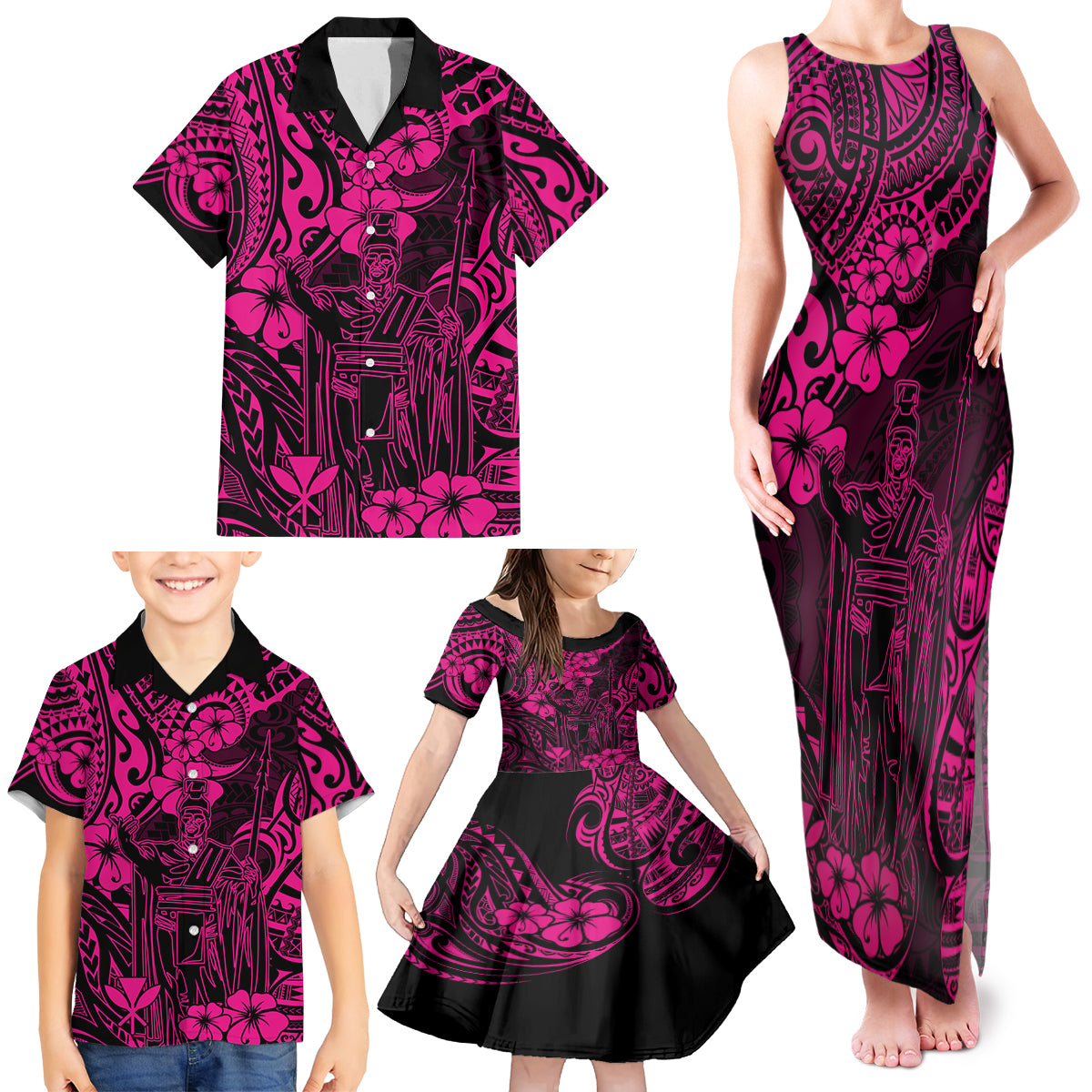 Hawaii King Kamehameha Family Matching Tank Maxi Dress and Hawaiian Shirt Polynesian Pattern Pink Version - Wonder Print Shop