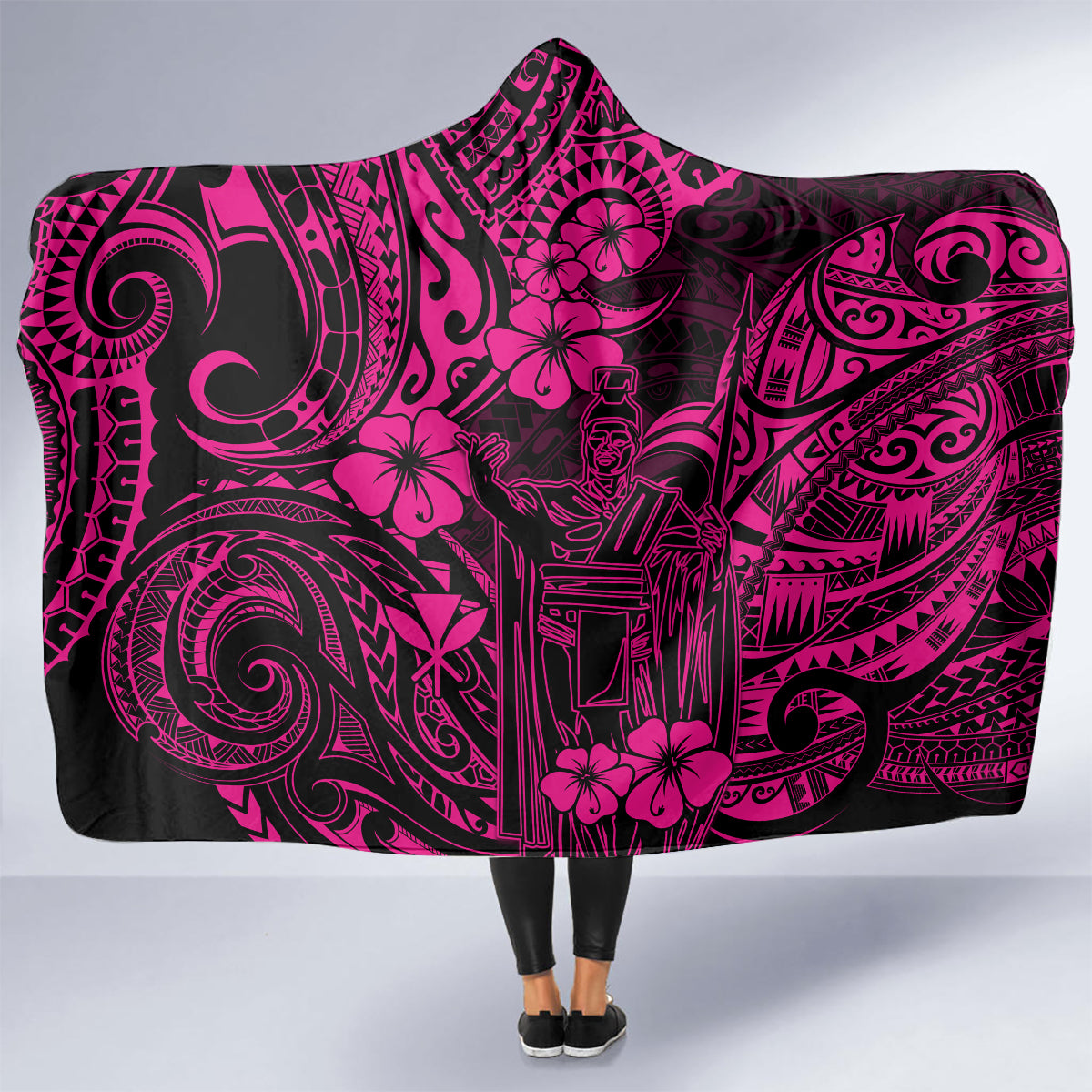 hawaii-king-kamehameha-hooded-blanket-polynesian-pattern-pink-version